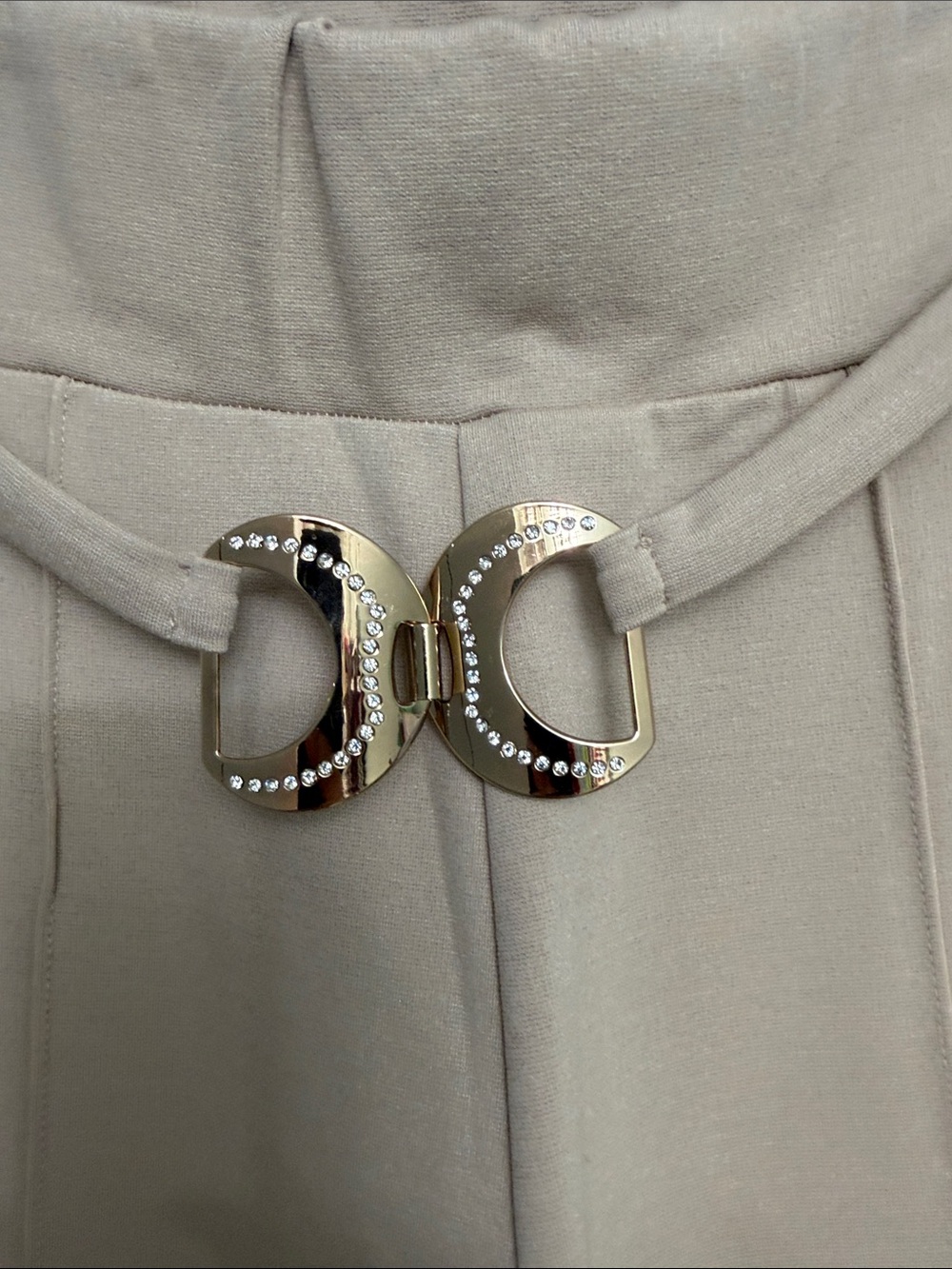 Wide-Leg High-Waist Pants with Decorative Buckle - Beige - Picture 2 of 4